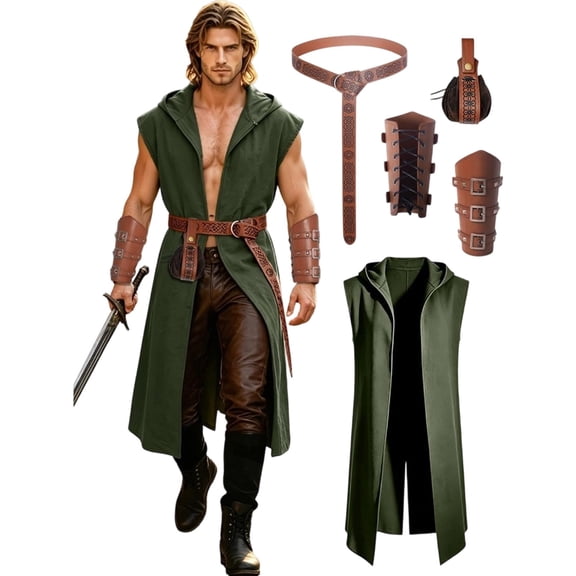 JOANKDMI 5 Piece Mens Medieval Sleeveless Hooded Tunic Forest Ranger Rogue Costume Vest with Belt Bracers Pouch for LARP Renaissance Festival Cosplay