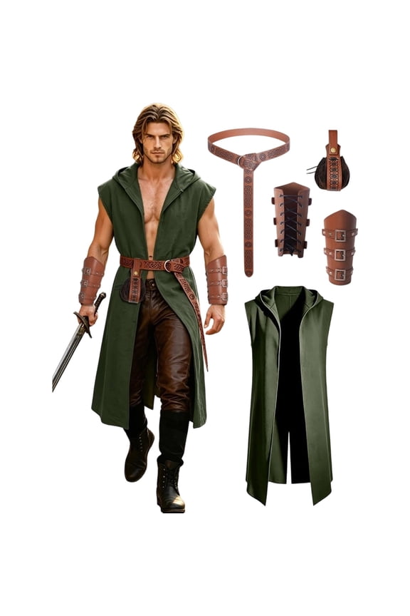 5 Piece Mens Medieval Sleeveless Hooded Tunic Forest Ranger Rogue Costume Vest with Belt Bracers Pouch for LARP Renaissance Festival Cosplay