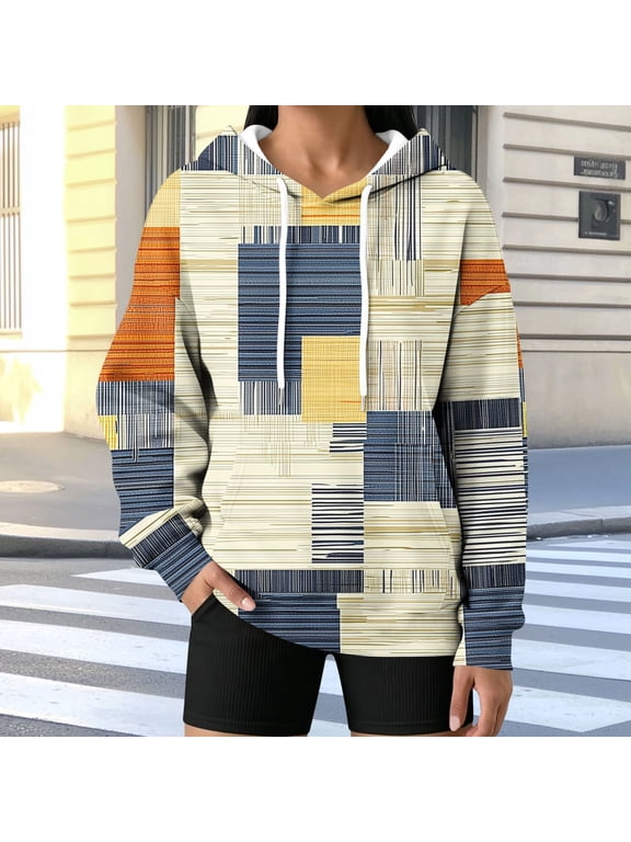 Abstract Patchwork Hoodie for Women Striped Graphic Pullover Sweatshirts Long Sleeve Drawstring Tops Casual Relaxed Fit Fall Winter Clothes with Front Pocket Vacation Outfits