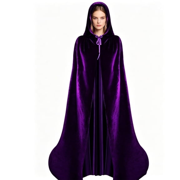 JOANKDMI Adult Long Velvet Hooded Cloak Full Length Cape with Drawstring Tie for Halloween Cosplay Fairytale Princess Costume Pagan Wiccan Maxi Robe Dress Up