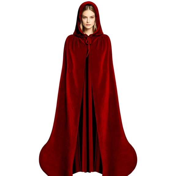 JOANKDMI Adult Long Velvet Hooded Cloak Full Length Cape with Drawstring Tie for Halloween Cosplay Fairytale Princess Costume Pagan Wiccan Maxi Robe Dress Up