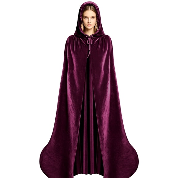 JOANKDMI Adult Long Velvet Hooded Cloak Full Length Cape with Drawstring Tie for Halloween Cosplay Fairytale Princess Costume Pagan Wiccan Maxi Robe Dress Up