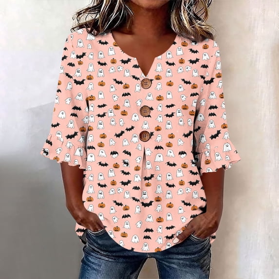 JOANKDMI Adult Womens Cute Pumpkin Bat T Shirts Ghost Print Top V Neck 3/4 Sleeve Ruffle Blouse for Trick-or-Treating School Event and Casual Everyday Chic Halloween Apparel
