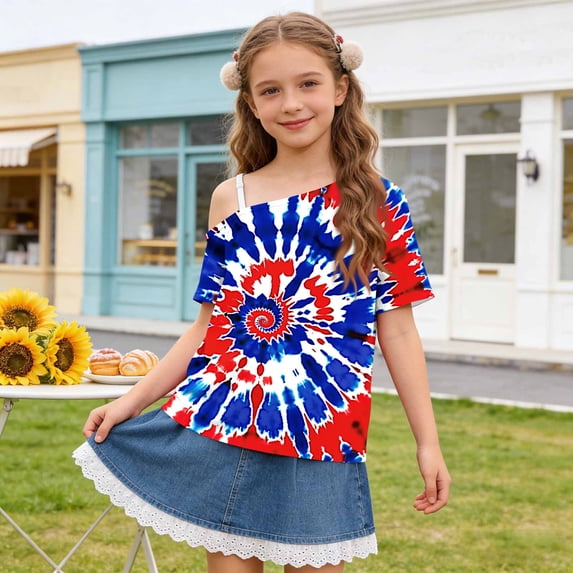 JOANKDMI American Flag Shirt Teen Girls 4th of July off Shoulder Short Sleeve Patriotic Memorial Day Wide Fit Tops Anniversary Holiday Festival Summer T Shirts