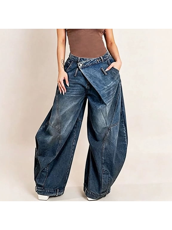 Baggy Jeans for Women Asymmetrical Cross High Waisted Wide Leg Denim Pants Y2K Casual Slouchy Straight Streetwear Trousers Flattering Everyday Wear