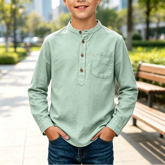JOANKDMI Band Collar Button Down Shirts for Boy 12 Long Sleeve Casual Dress Shirts with Pocket Fall Spring Tops
