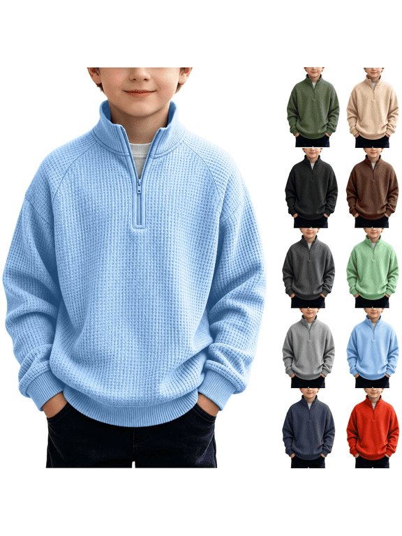 Kid Boys Quarter Zip Sweatshirt Waffle Knit Mock Neck Pullover Tops Raglan Long Sleeve Active Track Jacket for Youth Gym Athletic Running School Outfit