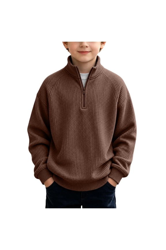 Kid Boys Quarter Zip Sweatshirt Waffle Knit Mock Neck Pullover Tops Raglan Long Sleeve Active Track Jacket for Youth Gym Athletic Running School Outfit