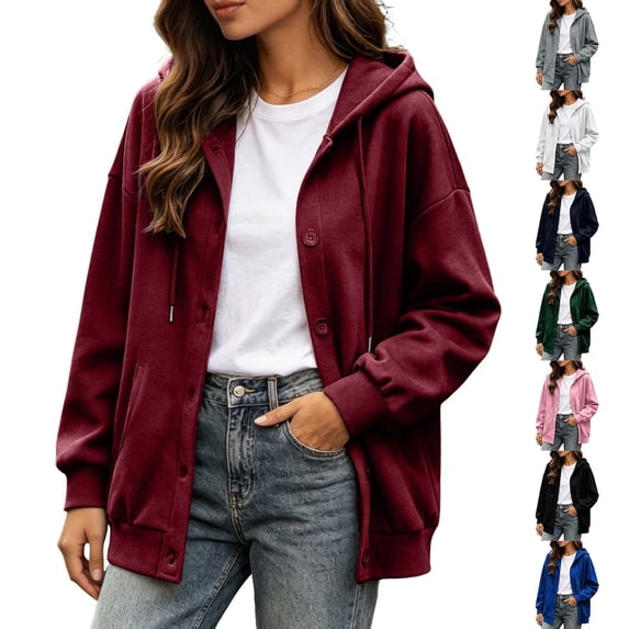JOANKDMI Button Down Sweatshirt Women Hoodie Long Sleeve Drawstring Fall Solid Color Relaxed Fit Outerwear with Pockets Winter Cardigan Top