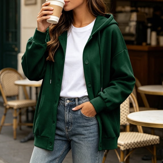 JOANKDMI Button Down Sweatshirt Women Hoodie Long Sleeve Drawstring Fall Solid Color Relaxed Fit Outerwear with Pockets Winter Cardigan Top