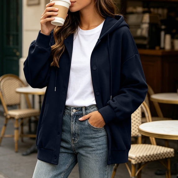 JOANKDMI Button Down Sweatshirt Women Hoodie Long Sleeve Drawstring Fall Solid Color Relaxed Fit Outerwear with Pockets Winter Cardigan Top
