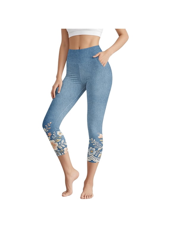 Capri Leggings for Women High Waisted Faux Denim Yoga Pants with Pockets Floral Lace Print Cropped Workout Tights Tummy Control Athletic Activewear for Gym Running