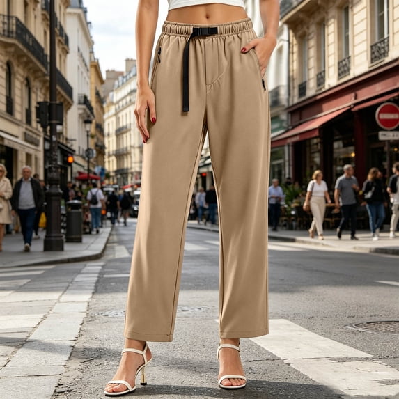 JOANKDMI Casual Hiking Pants for Women High Elastic Waist with Built-in Belt Lightweight Quick Dry Straight Leg Trousers Zipper Pockets for Outdoor Work Golf