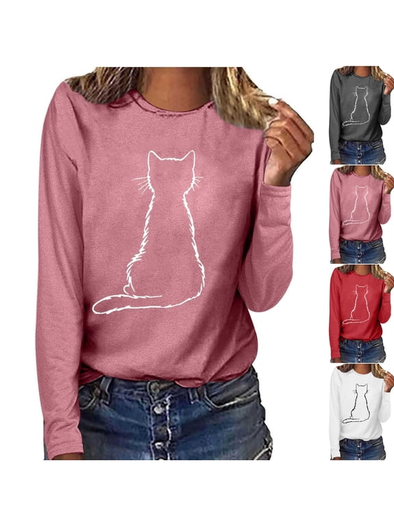 Casual Long Sleeve Graphic Tees Women Minimalist Cat Outline Print Crewneck Pullover Tops Fall Season Shirts Funny Halloween Animal T Shirts