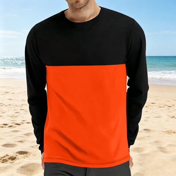 JOANKDMI Casual Long Sleeve T-Shirts for Men Color Block Crewneck Lightweight Pullover Tops for Spring Fall Everyday Wear Basic Activewear Tees Athletic Fit Lounge
