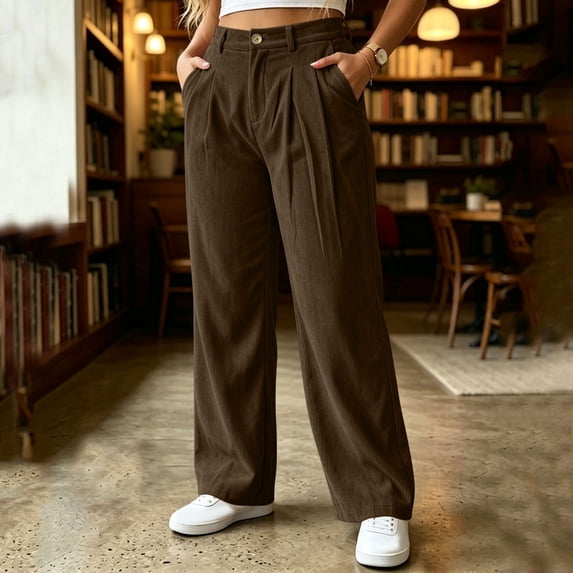 JOANKDMI Corduroy Wide Leg Pants for Women High Waisted Pleated Trousers with Pockets Vintage Loose Fit Casual Fall Slacks Dress Pants for Work Office Everyday Wear