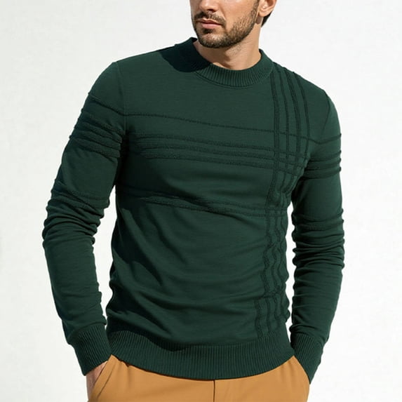 JOANKDMI Crewneck Pullover Sweaters for Men Long Sleeve Knit Tops with Textured Plaid Pattern Casual Slim Fit Warm Jumper Fall Winter Wear