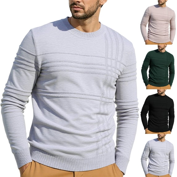 JOANKDMI Crewneck Pullover Sweaters for Men Long Sleeve Knit Tops with Textured Plaid Pattern Casual Slim Fit Warm Jumper Fall Winter Wear