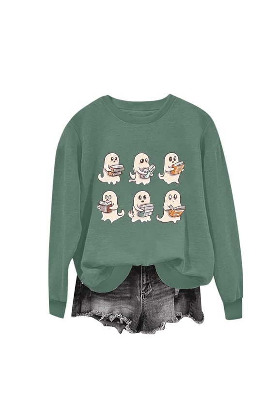 Crewneck Sweatshirt Women Drop Shoulder Oversized Pullover Cute Reading Ghost Graphic Print Long Sleeve Fall Halloween Casual Lounge Outfit Book Lover Tops