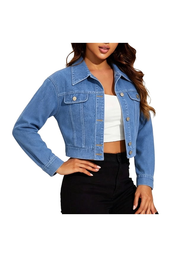 Cropped Jean Jacket for Women Denim Classic Button Down Long Sleeve Short Jean Coat Outerwear Casual Y2K Retro Vintage Shacket for Layering Fall Spring Work
