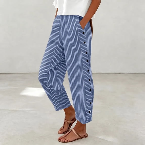 JOANKDMI Cropped Pants for Women Striped Casual Summer Capris High Elastic Waist Loose Fit Wide Leg Flowy Trousers with Side Buttons Pockets Vacation Essential