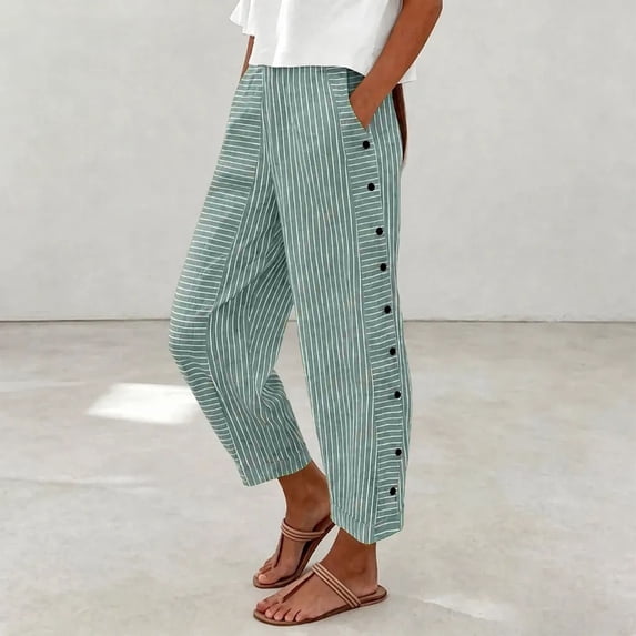 JOANKDMI Cropped Pants for Women Striped Casual Summer Capris High Elastic Waist Loose Fit Wide Leg Flowy Trousers with Side Buttons Pockets Vacation Essential