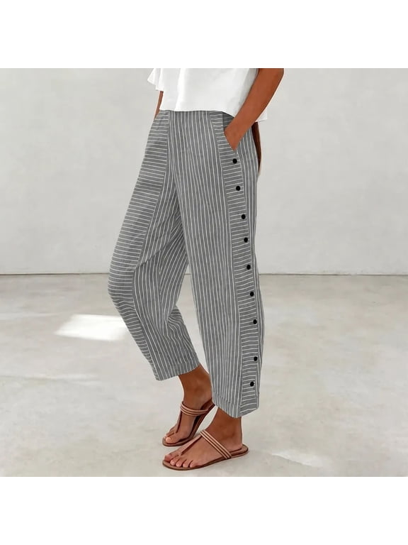 Cropped Pants for Women Striped Casual Summer Capris High Elastic Waist Loose Fit Wide Leg Flowy Trousers with Side Buttons Pockets Vacation Essential