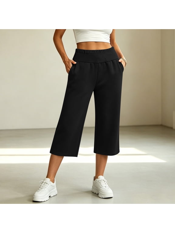 Cropped Sweatpants for Women High Waisted Capri Pants Wide Leg Lounge Trousers with Pockets Athletic Loose Fit Casual Activewear for Yoga Workout and Gym