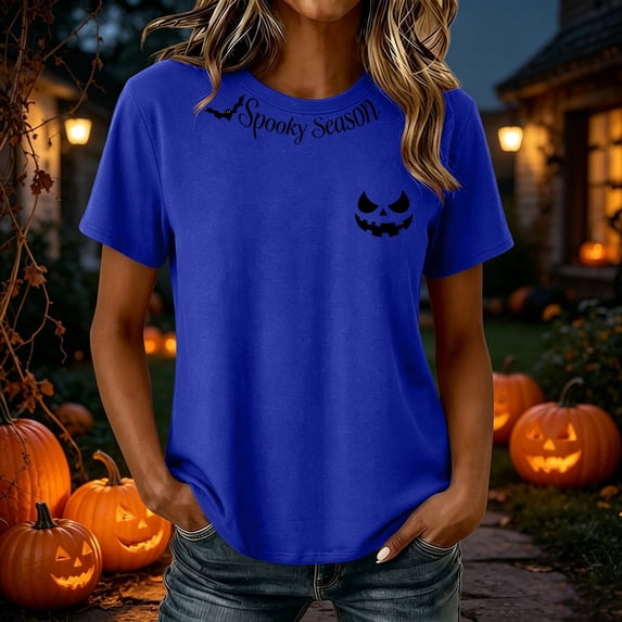 JOANKDMI Cute Halloween T-Shirts for Women Short Sleeve Season Letter Print Tops Casual Comfortable Crewneck Fall Festival Shirts Jack-o-Lantern Graphic Tees