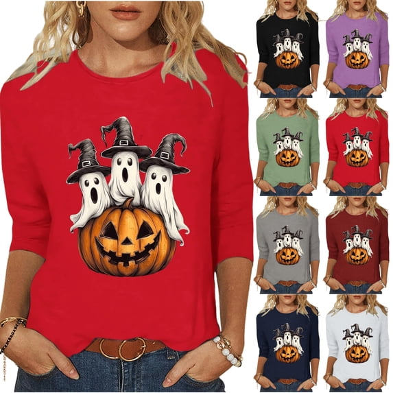 JOANKDMI Cute Halloween Tops for Women Three Ghosts Witch Hat Pumpkin Graphic T-Shirts Long Sleeve Fall Shirts Crewneck Casual Holiday Pullover Tees Essential Wear