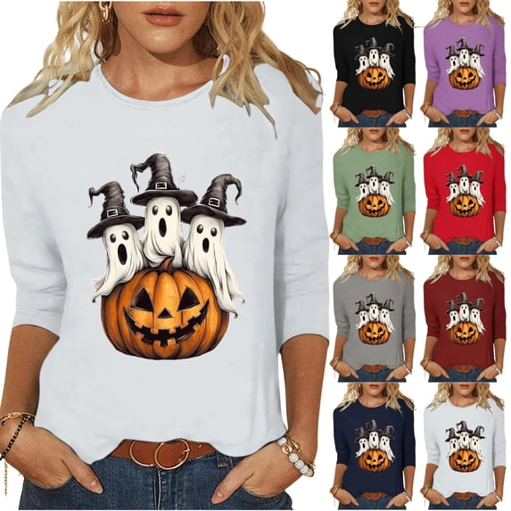 JOANKDMI Cute Halloween Tops for Women Three Ghosts Witch Hat Pumpkin Graphic T-Shirts Long Sleeve Fall Shirts Crewneck Casual Holiday Pullover Tees Essential Wear