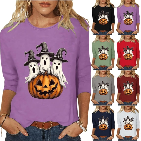JOANKDMI Cute Halloween Tops for Women Three Ghosts Witch Hat Pumpkin Graphic T-Shirts Long Sleeve Fall Shirts Crewneck Casual Holiday Pullover Tees Essential Wear