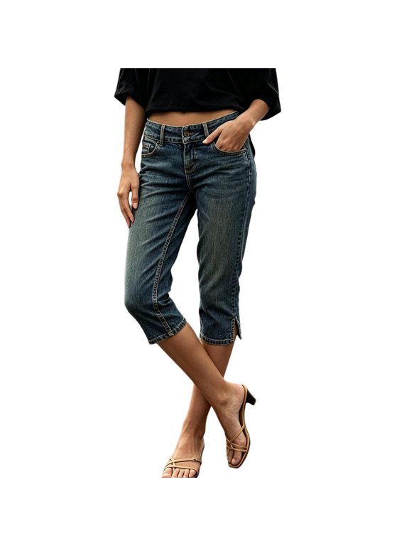 Denim Capris for Women Mid Rise Stretch Cropped Jeans Slim Fit Calf Length Pants with Pockets Side Slit Comfortable Casual Summer Everyday Wear Fashion Capris