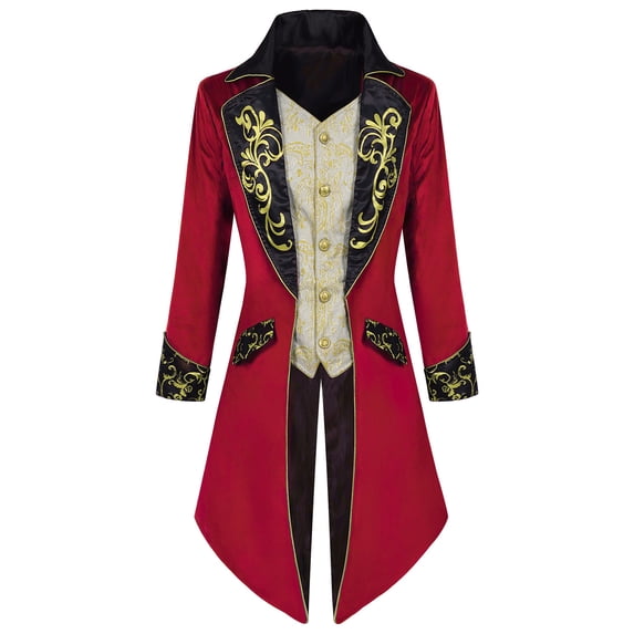 JOANKDMI Elegant Aristocrat Jacket Men Gothic Vampire Tailcoat with Vintage Embroidered Vest Panel Classic Steampunk Role Play Circus Ringmaster Halloween Dress Up Suit