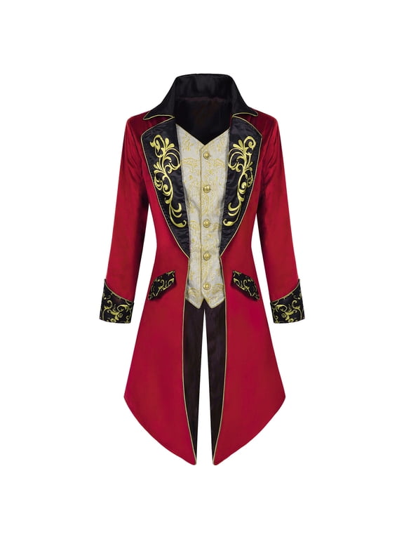 Elegant Aristocrat Jacket Men Gothic Vampire Tailcoat with Vintage Embroidered Vest Panel Classic Steampunk Role Play Circus Ringmaster Halloween Dress Up Suit