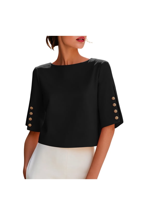 Elegant Boat Neck Blouses Women Half Sleeve Work Tops with Metal Button Details Business Casual Shirts Dressy Boxy Fit Tee Office Professional Apparel Fashion