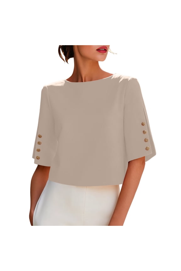 Elegant Boat Neck Blouses Women Half Sleeve Work Tops with Metal Button Details Business Casual Shirts Dressy Boxy Fit Tee Office Professional Apparel Fashion