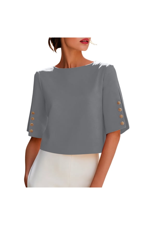 Elegant Boat Neck Blouses Women Half Sleeve Work Tops with Metal Button Details Business Casual Shirts Dressy Boxy Fit Tee Office Professional Apparel Fashion