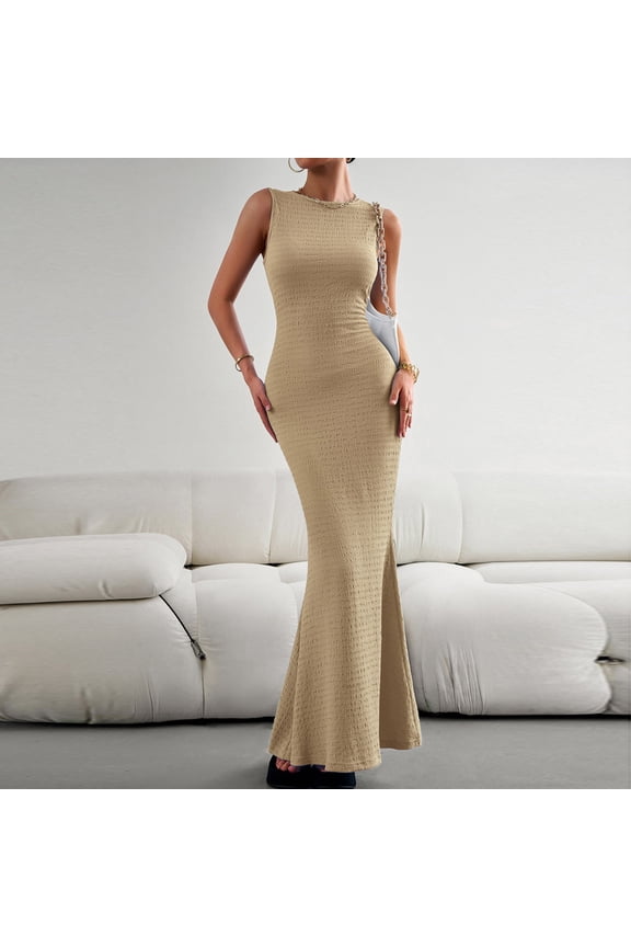 Elegant Dresses for Women Formal Maxi Gown Crewneck Sleeveless Textured Ribbed Knit Form-fitting Mermaid High Slit Flattering Dress for Prom Evening Wedding Guest