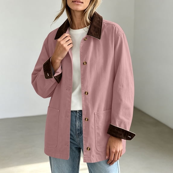 JOANKDMI Fall Jackets Women Corduroy Lapel Button Down Chore Barn Jacket Lightweight Casual Long Sleeve Winter Outerwear with Pockets