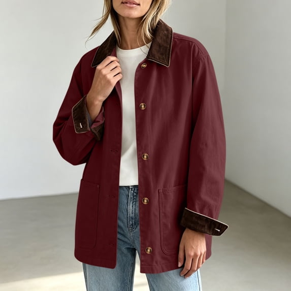 JOANKDMI Fall Jackets Women Corduroy Lapel Button Down Chore Barn Jacket Lightweight Casual Long Sleeve Winter Outerwear with Pockets