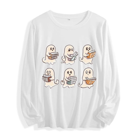 JOANKDMI Fall Tops for Women Long Sleeve Halloween Graphic T Shirts Bookish Ghost Print Casual Crewneck Pullover Vintage Tees Funny Autumn Holiday Shirts