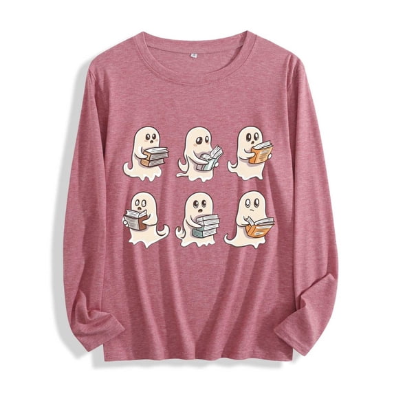 JOANKDMI Fall Tops for Women Long Sleeve Halloween Graphic T Shirts Bookish Ghost Print Casual Crewneck Pullover Vintage Tees Funny Autumn Holiday Shirts