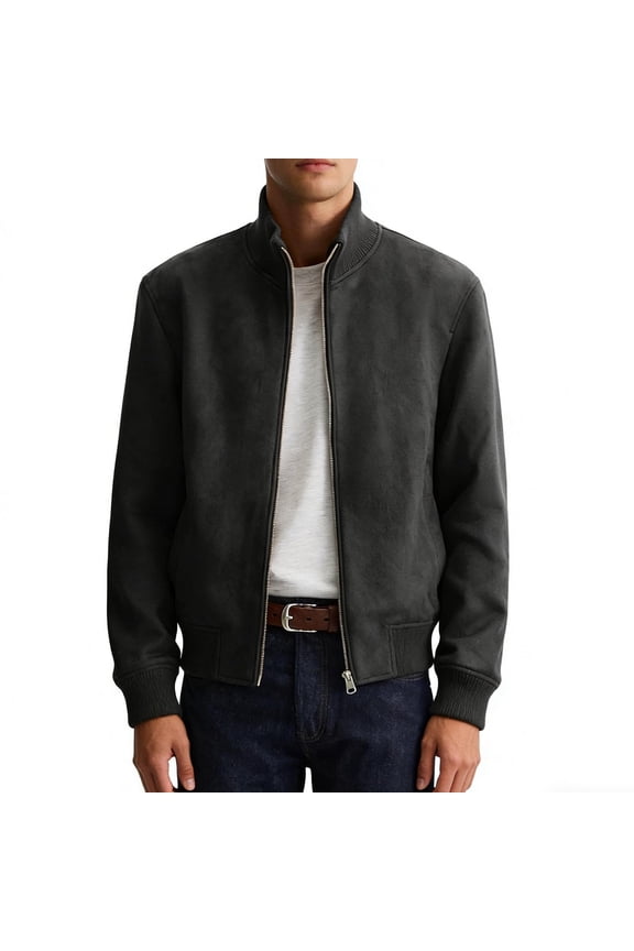 Faux Suede Bomber Jacket Men Classic Stand Collar Full Zip Lightweight Windbreaker Coat Vintage Casual Motorbike Outerwear for Fall Spring Daily Wear Golf