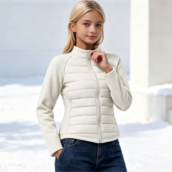 JOANKDMI Fleece Lined Jacket for Teen Girls 15-16 Thermal Warm Quilted Winter Lightweight Coat Stand Collar Long Sleeve Full Zipper Fall Cold Weather Outdoor Jackets