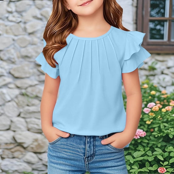 JOANKDMI Flutter Short Sleeve Shirts Girls 5-6 Pleated Front Casual Blouse Cute Ruffle Tops for Kids Summer Everyday Wear Lightweight Flowy T Shirts Holiday Outfits