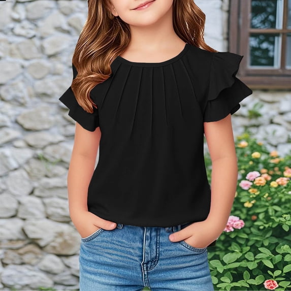JOANKDMI Flutter Short Sleeve Shirts Girls 9-10 Pleated Front Casual Blouse Cute Ruffle Tops for Kids Summer Everyday Wear Lightweight Flowy T Shirts Holiday Outfits