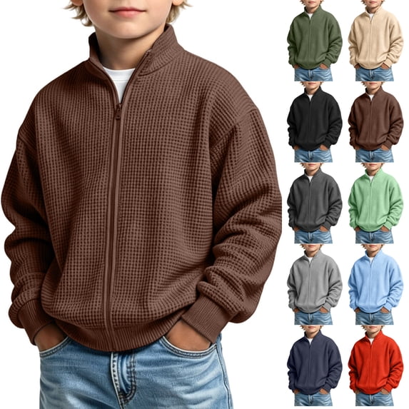 JOANKDMI Full Zip Up Sweatshirt Boys Waffle Knit Mock Neck Athletic Jacket Long Sleeve Lightweight Activewear with Pockets for Casual Running Fall Workout Tops