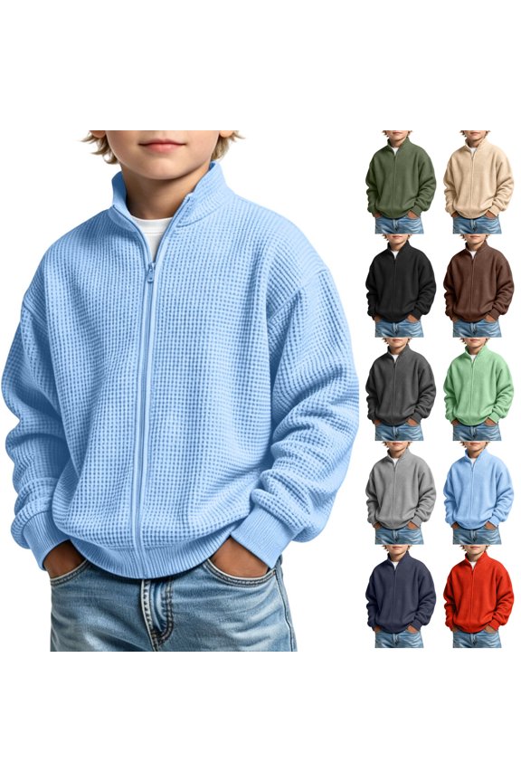 Full Zip Up Sweatshirt Boys Waffle Knit Mock Neck Athletic Jacket Long Sleeve Lightweight Activewear with Pockets for Casual Running Fall Workout Tops
