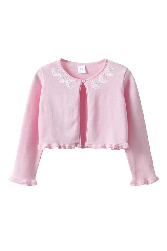 Girls Cropped Cardigan Shrugs Floral Embroidered Ruffle Hem Long Sleeve Knit Sweaters Bolero Jacket Coat Tops for Kids Toddler Spring Summer Party Dresses Layering